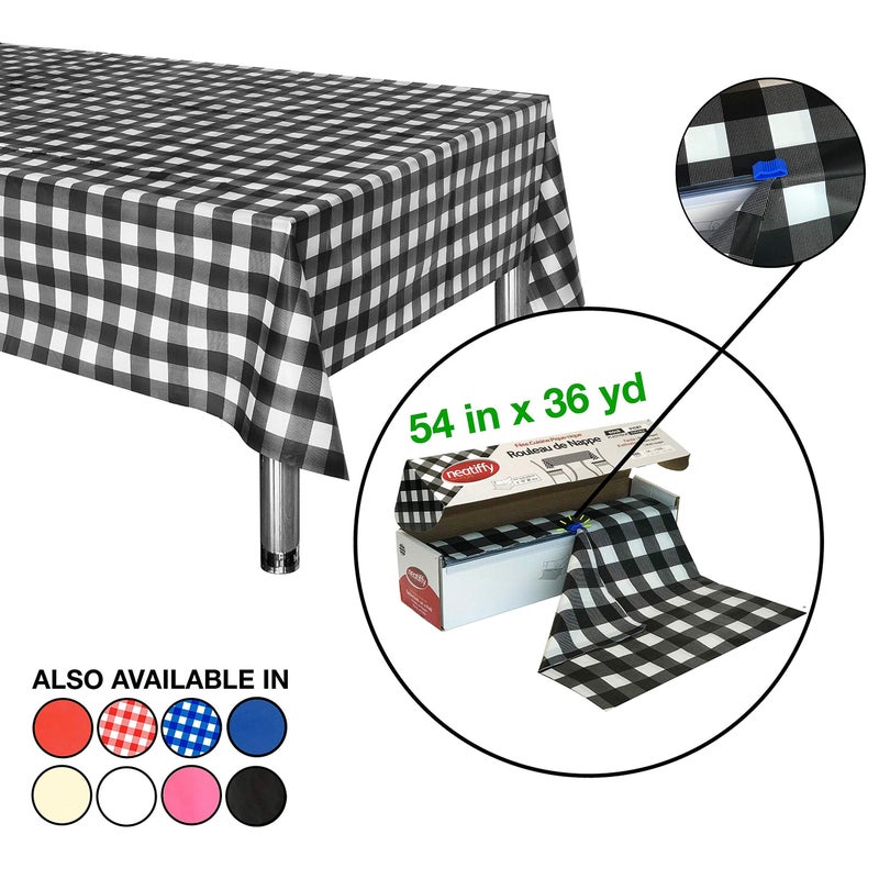 Neatiffy Disposable Plastic Table Cloth Roll | 54 in x 108 Ft Waterproof Tablecloth | Table Cover for Rectangle, Square, Round Oval Tables | Picnic, Party, Banquet, Birthdays, Weddings, BlackCheckered - Image 2
